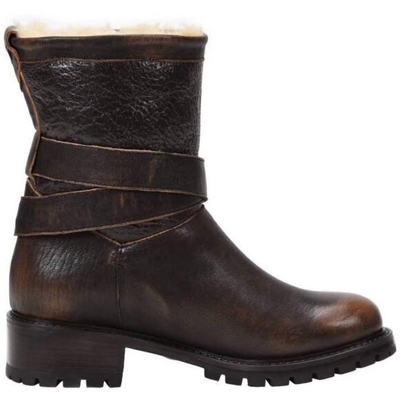 Ross & Snow Emilina Bomber Moto Distressed Leather Shearling Boots - Picture 2 of 10